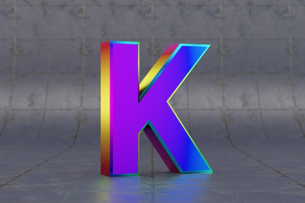 Mehrfarbiger 3D-Buchstabe K Großbuchstaben. Glänzender schillernder Buchstabe auf Fliesenhintergrund. Metallisches Alphabet mit Studiolichtreflexionen. 3D gerenderte Schriftzeichen.