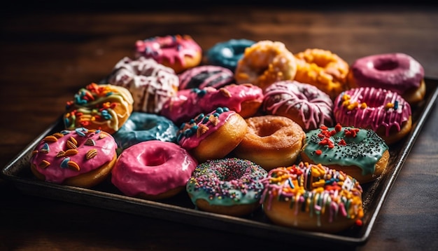 Mehrfarbiger Gourmet-Donut mit Schokoladenglasur auf rustikalem Holztisch, generiert durch künstliche Intelligenz