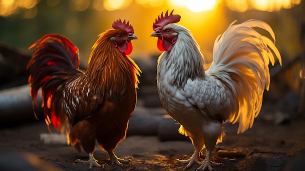 Mehrfarbiger Hahn und Henne im Konflikt auf ländlicher Sonnenuntergangsfarm