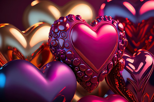 Mehrfarbiger Herzhintergrund Valentinstapete mit rosarotem Glas und roten metallischen Liebesherzen