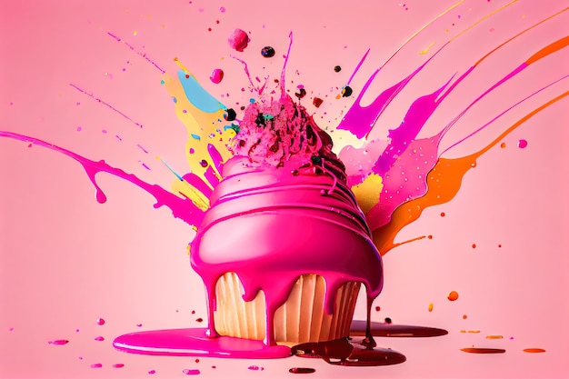Mehrfarbiger Kuchen mit rosa Spritzern von Zuckerguss Generative KI