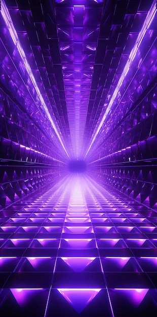 Mehrfarbiger Lichttunnel mit violetten Lichtern und Reflexionen im Bühnenlichteffekthintergrund