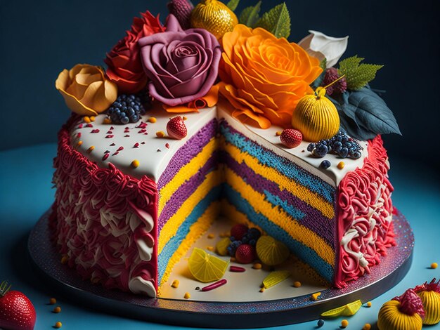 Mehrfarbiger Regenbogenkuchen in Scheiben geschnitten. Kuchen mit Schichten leuchtender Farben im Inneren