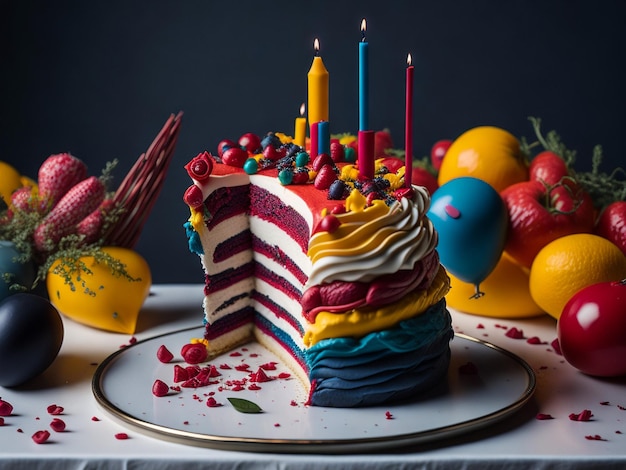 Mehrfarbiger Regenbogenkuchen in Scheiben geschnitten. Kuchen mit Schichten leuchtender Farben im Inneren