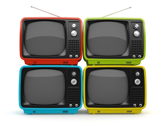 Mehrfarbiger Retro-Fernseher isoliert auf weißem Hintergrund