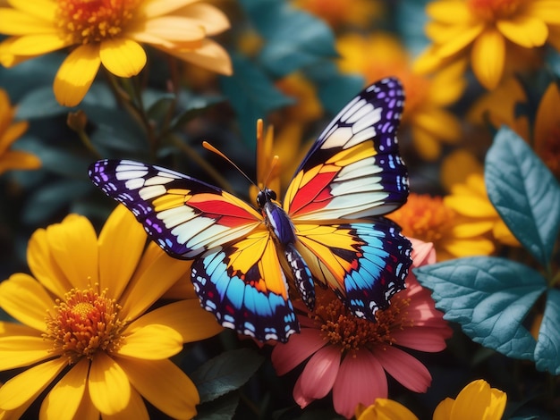 Mehrfarbiger Schmetterling auf gelber Blüte Close-up Schönheit generative ai