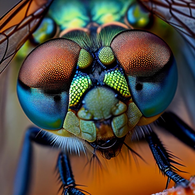 Mehrfarbiges fantastisches Auge blaue Libelle Nahaufnahme Makro, Facettensicht von Insekten, ID generiert