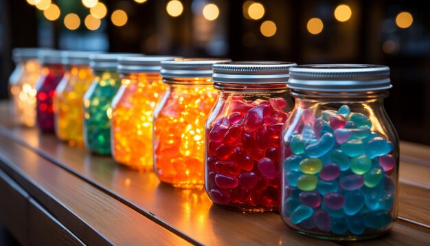 Foto mehrfarbiges glas mit süßen früchten auf dem tisch, generiert von ki