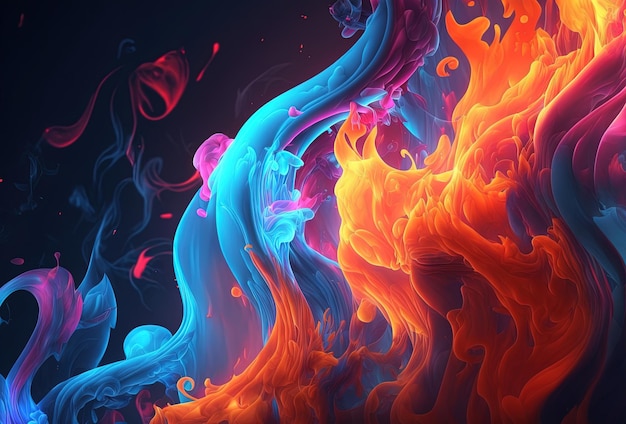 Mehrfarbiges Neonfeuer auf dunklem Hintergrund Surrealistische Flammen aus Rot, Blau und Gelb Fantastisches Bewegungsmuster 3D-Render-KI generiert