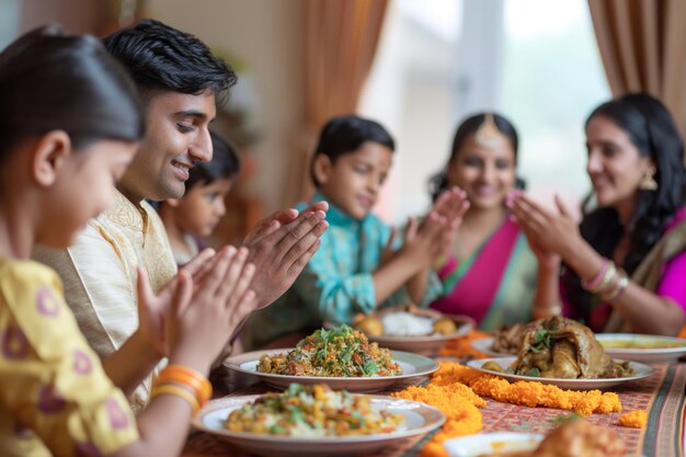 Mehrgenerationliche indische Familie in traditioneller Kleidung genießt eine festliche und fröhliche Mahlzeit zusammen, teilt kulturelle Küche und verbindet sich im warmen und einladenden Innenraum des Hauses