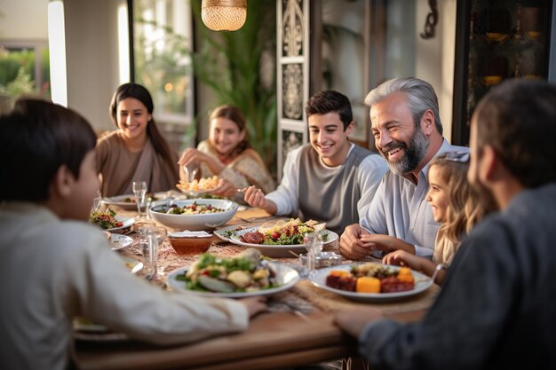 Foto mehrgenerations-familientreffen zum iftar mit traditionellen gerichten