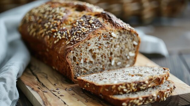 Foto mehrkörniges sauerteigbrot mit flachssamen, geschnitten auf einem holzbrett, nahaufnahme gesundheitliche vegane brotwahl