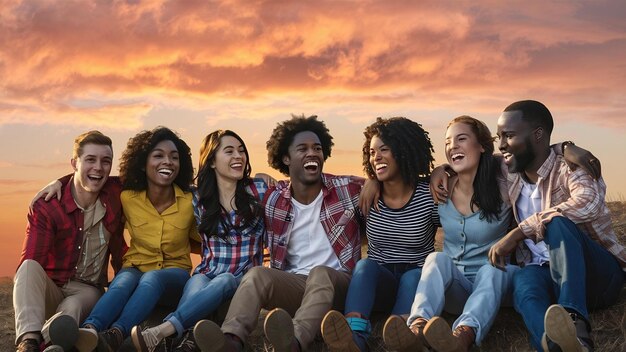 Mehrrassige Freunde lachen beim Sonnenuntergang