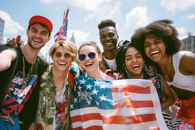Mehrrassige Freunde verschiedener Ethnien mit amerikanischer Flagge feiern den 4. Juli in den Straßen von New York