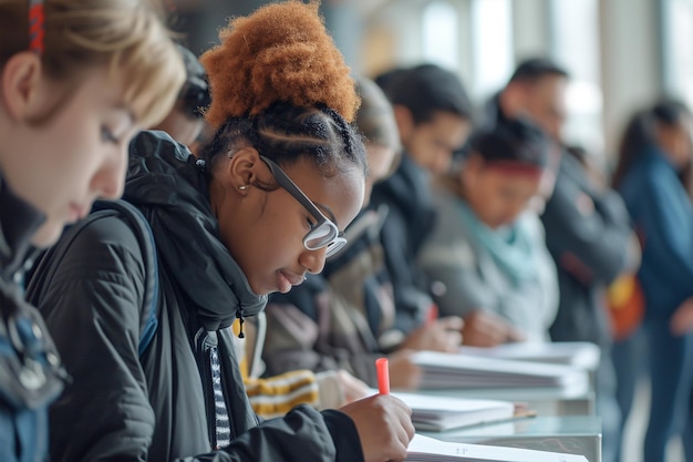 Mehrrassige Gruppe von Universitätsstudenten bereitet sich auf die Anmeldung am Wahlzentrum vor