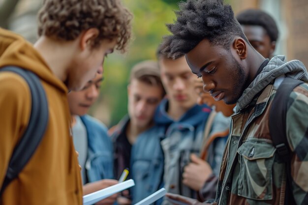 Mehrrassige Gruppe von Universitätsstudenten bereitet sich auf die Anmeldung am Wahlzentrum vor