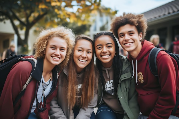 Mehrrassige Studenten, die sich nach den Ferien an der Hochschule oder Universität gerne treffen