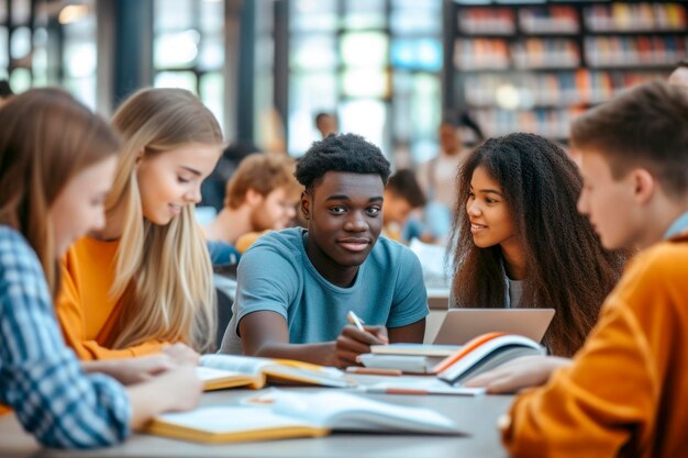 Mehrrassige Universitätsstudenten sitzen mit Büchern und Laptops am Tisch