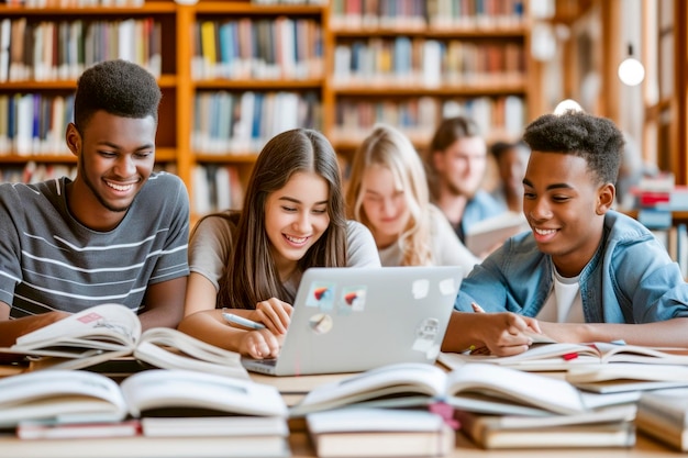 Mehrrassige Universitätsstudenten sitzen mit Büchern und Laptops am Tisch