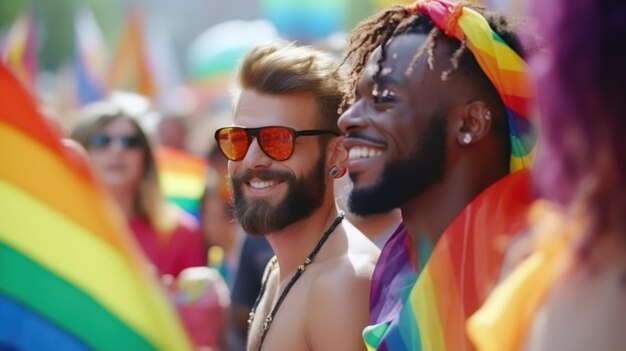 Mehrrassiges homosexuelles Paar am Gay Pride Day