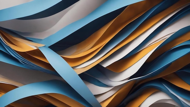 Mehrschichtiger abstrakter Hintergrund mit blauen gefalteten Bändern 3D-Rendering von welligen gekrümmten Schichten aus Stoff oder Papier