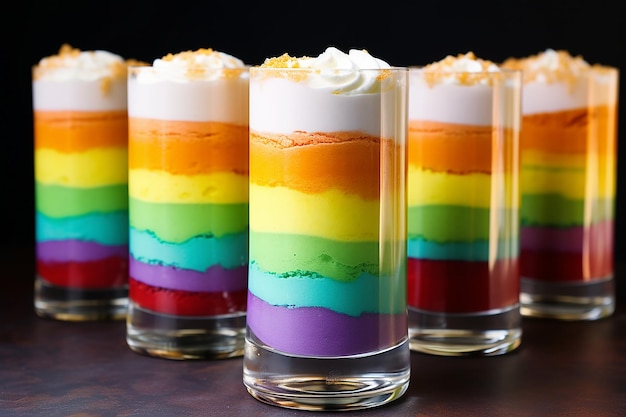 Mehrschichtiges Regenbogenmousse in einem langen, schmalen Glas