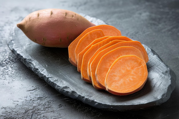 meia batata doce crua e fatias de batata doce em um prato de rocha minimalista