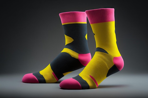 Meias amarelas e rosa brilhantes em conjunto de meias de fundo escuro criadas com generative ai