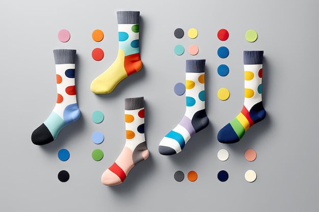 Meias coloridas e conjunto de meias em fundo cinza claro criado com generative ai