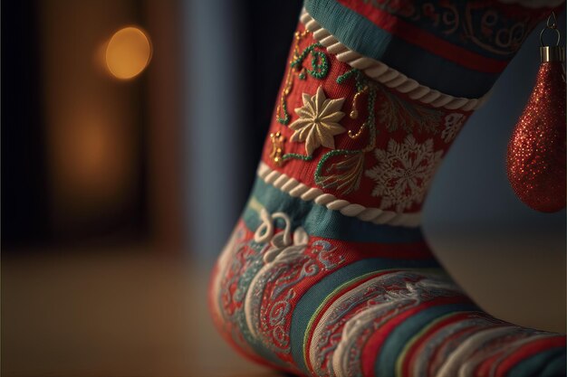 Meias de Natal na lareira e decoração em fundo colorido com foco seletivo e fundo desfocado