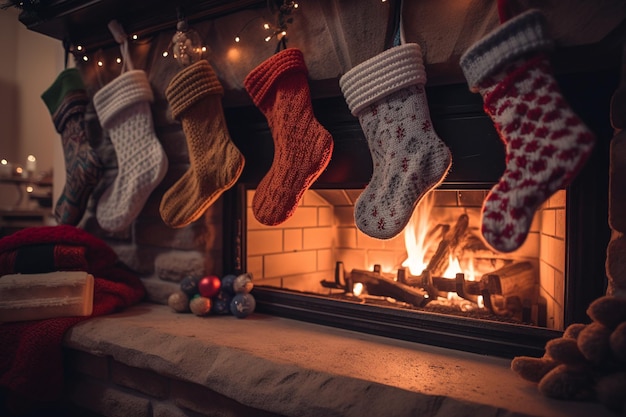 Meias de natal penduradas em uma lareira com uma árvore de natal ao fundo