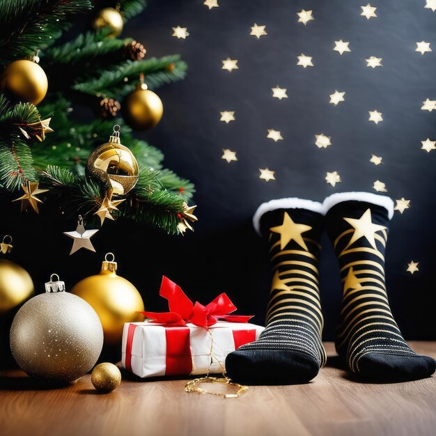 Meias de papai noel, estrelas douradas, caixas de presentes e ornamentos de natal com fundo de natal