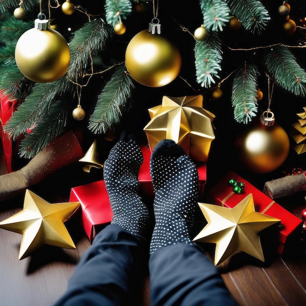 Meias de Papai Noel, estrelas douradas, caixas de presentes e ornamentos de Natal com fundo de Natal