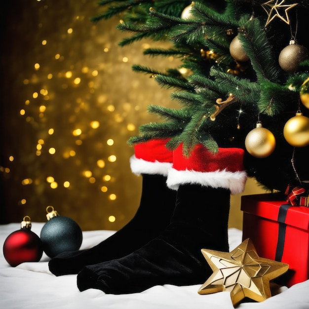 Foto meias de papai noel, estrelas douradas, caixas de presentes e ornamentos de natal com fundo de natal