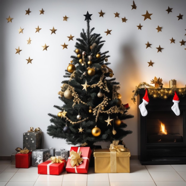 Meias de papai noel, estrelas douradas, caixas de presentes e ornamentos de natal com fundo de natal
