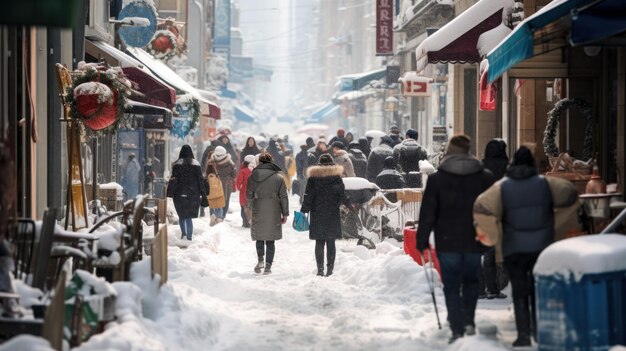 Meio-dia de neve em áreas urbanas lotadas de pessoas