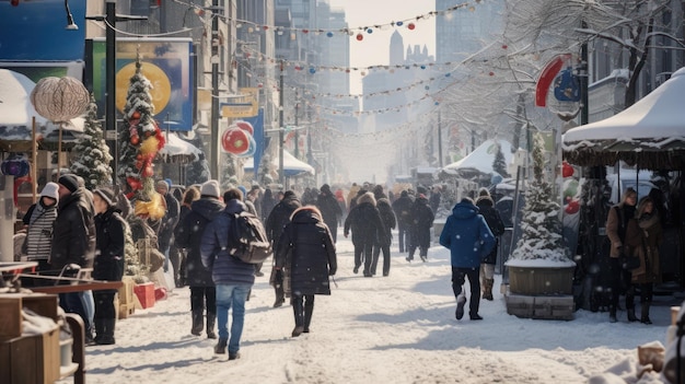 Foto meio-dia de neve em áreas urbanas lotadas de pessoas