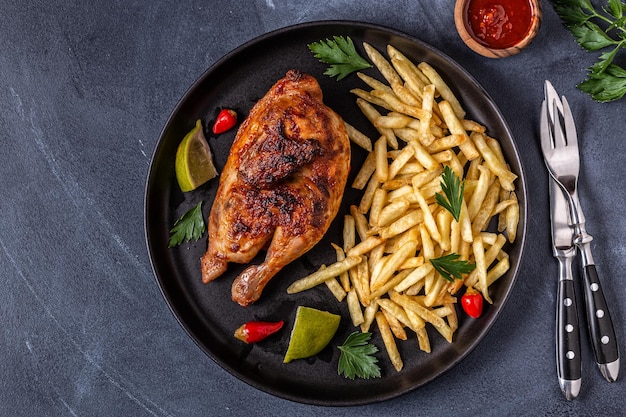 Foto meio frango assado piri piri com batatas fritas