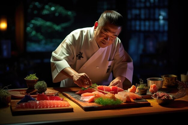 Meister, der eine Sushi-Rolle mit Nori-Reis, Gurken und Omelette mit Bambusmatte herstellt