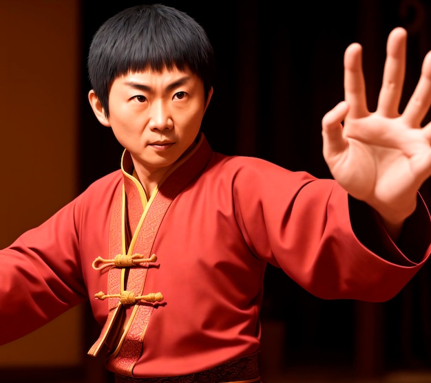 Meister des Kung-Fu in Pose Porträt eines ernsthaften Mannes der Kampfkunst Generative KI