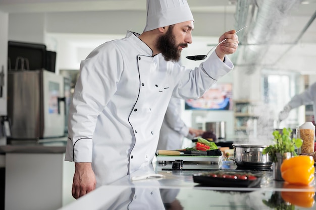 Meisterkoch probiert Gourmet-Gerichte, während er Speisen für das Abendessen im gehobenen Restaurant kocht. Erfahrener Koch, der den Geschmack der Mahlzeit überprüft, nachdem frisches Bio-Gemüse und Zutaten in der Küche hinzugefügt wurden.