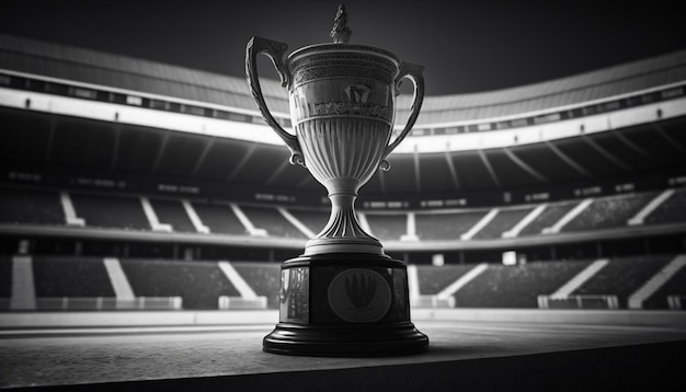 Meisterpokal auf dem Podest mit dem Stadion im Hintergrund