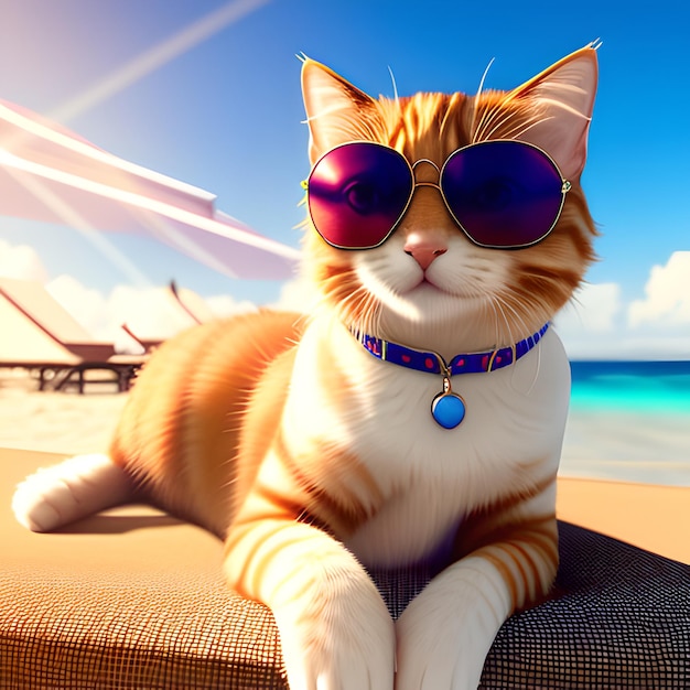 Meisterwerk Foto einer niedlichen Ginger-Katze mit Sonnenbrille, die auf einem Liegestuhl am Strand liegt