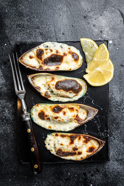 Mejillones al horno con queso y limón en conchas Fondo negro Vista superior