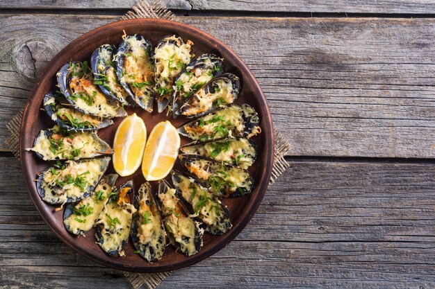 Mejillones al horno con queso y perejil Fondo de mariscos