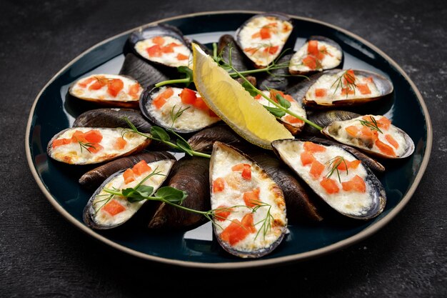 Mejillones al horno con queso salmón limón y hierbas