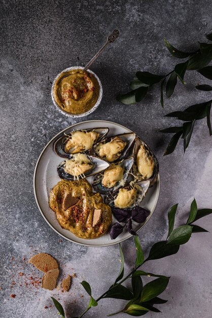 Mejillones al horno en tripa con queso