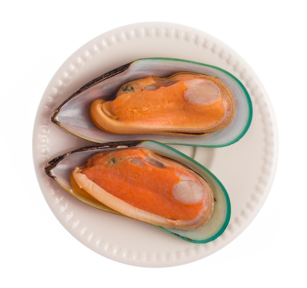 Mejillones cocidos en plato aislado sobre fondo blanco.