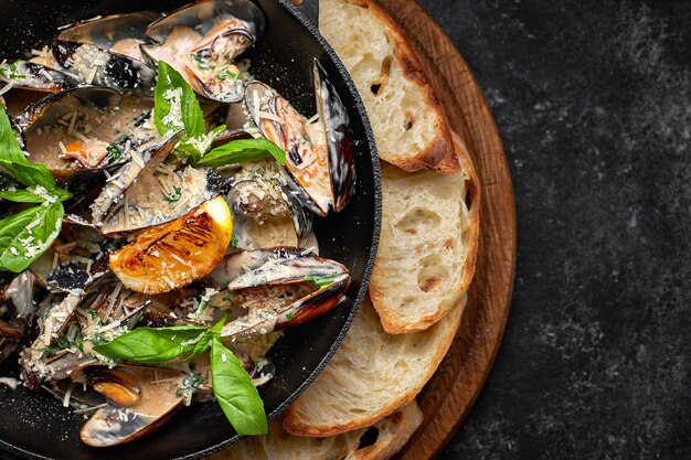 Mejillones cocidos en una sartén con queso y hojas de albahaca, sobre una tabla de madera, sobre una mesa oscura