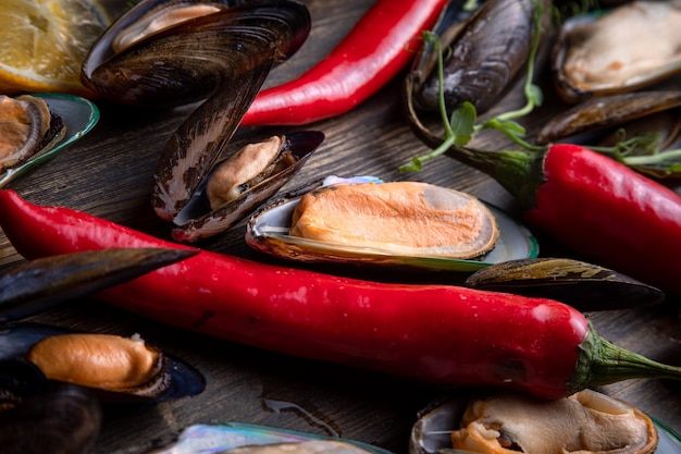 Mejillones cocidos sobre un fondo de madera el fondo está decorado con sal de microvegetales de pimienta verde